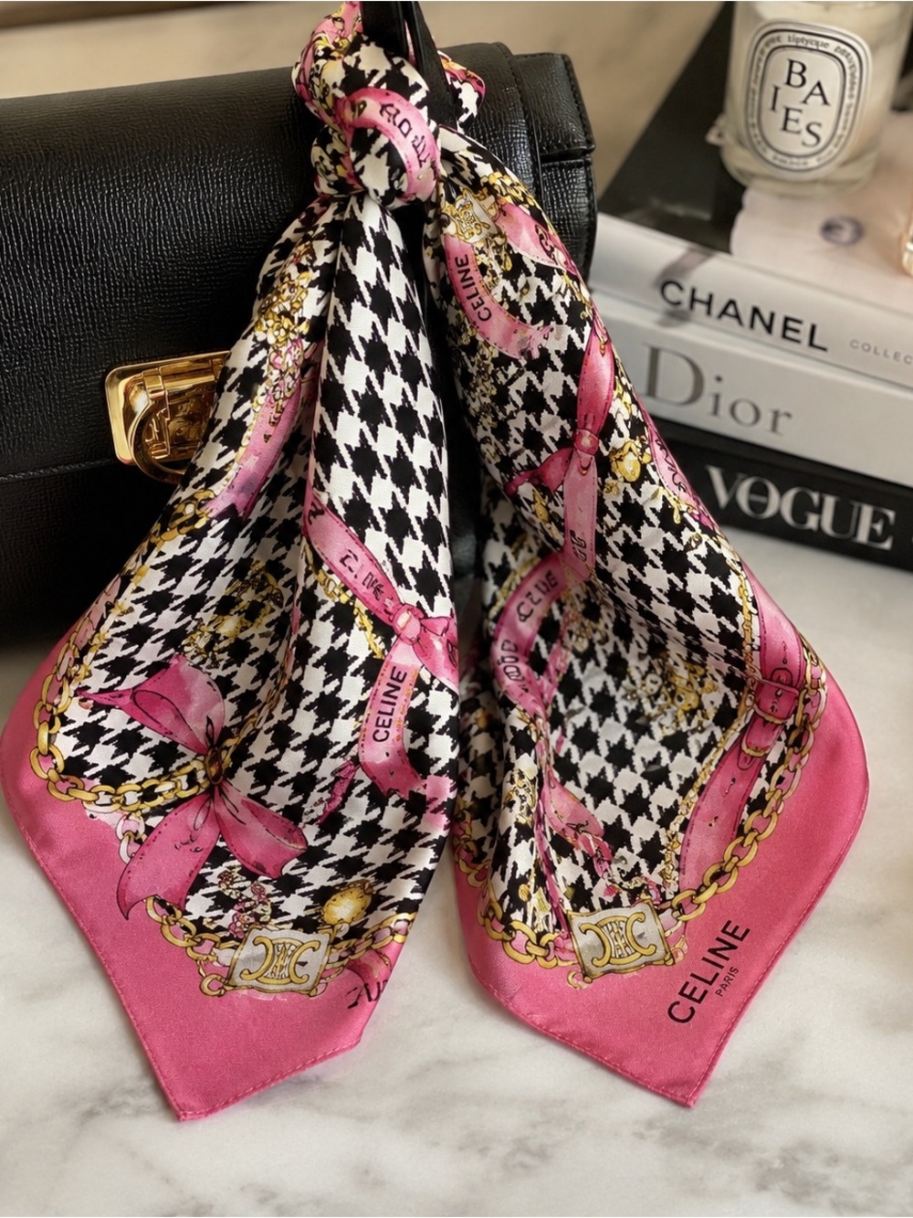 CELINE Paris Vintage Houndstooth Chain Ribbon Cotton Scarf 19”x19” Pink Black
